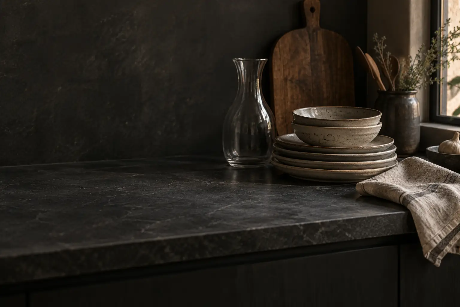 Stoneware plates and bowls stacked on a dark stone kitchen counter beside a linen towel and a glass carafe